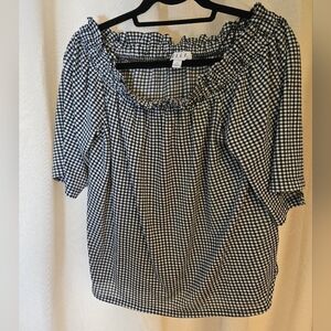 Elle Black and White Gingham Smocked Ruffled Blouse Casual Work